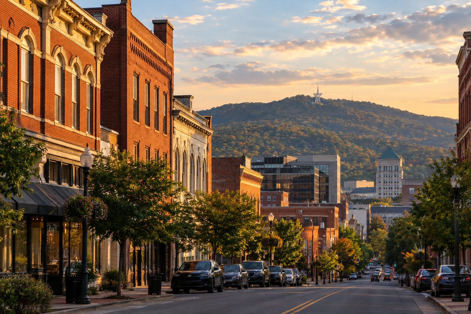 Downtown Roanoke, Virginia with historic brick buildings and the Mill Mountain Star on the ridge