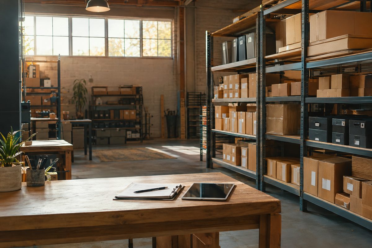 An organized small-business warehouse with labeled shelving and a tablet on a workbench